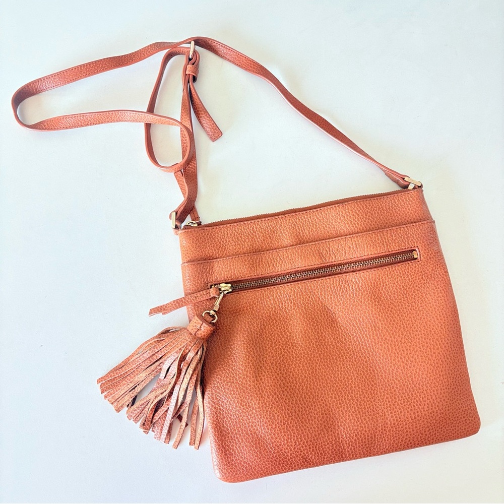 Halogen Almond Brown Leather Crossbody Bag Shoulder Bag 10”x10”
